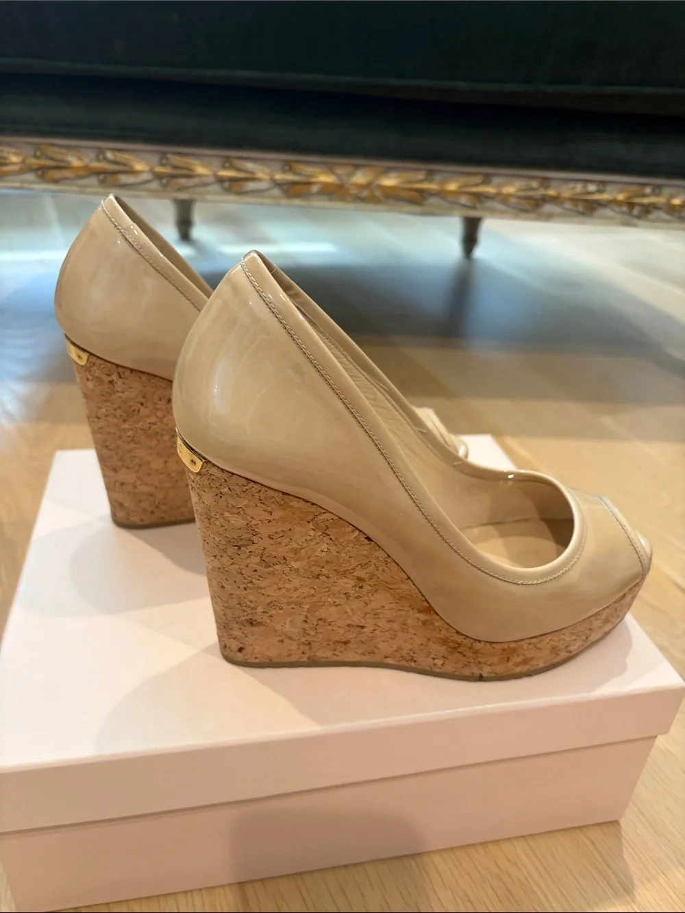 Jimmy Choo Nude Patent Peep-Toe Cork Platform Pumps